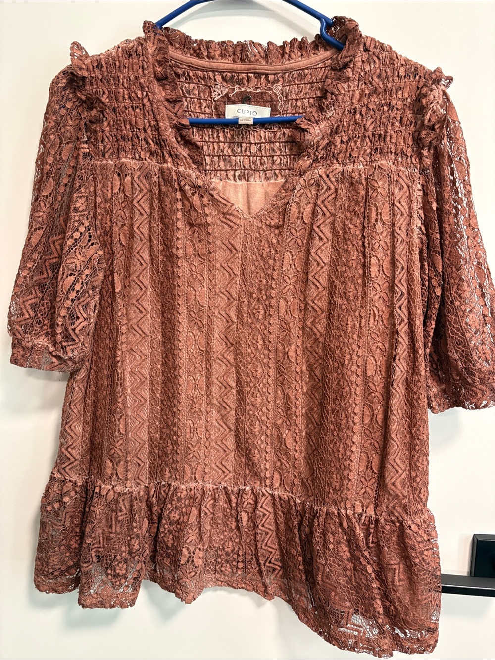 Cupio Rust Lace Smocked Peasant Top